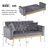 Grey sofa that converts into a bed - Wooden frame, metal feet, removable armrests, with 2 small pillows, 146x71x75 cm_23