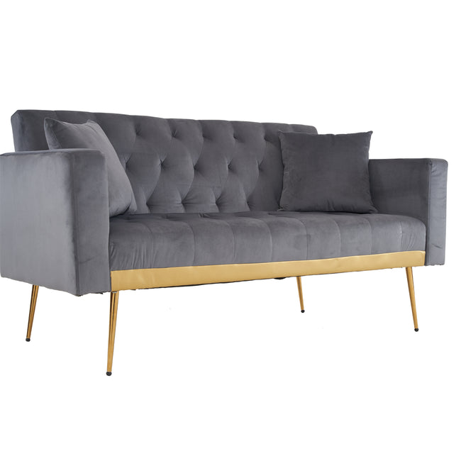 Grey sofa that converts into a bed - Wooden frame, metal feet, removable armrests, with 2 small pillows, 146x71x75 cm_20