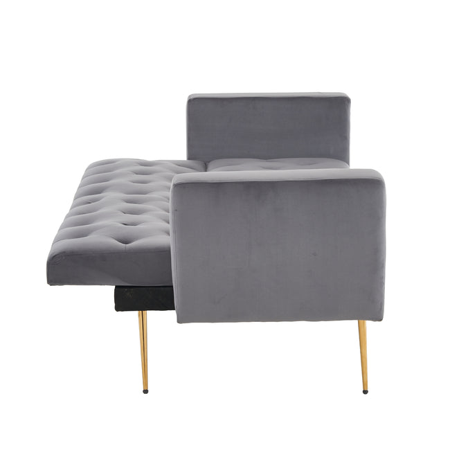 Grey sofa that converts into a bed - Wooden frame, metal feet, removable armrests, with 2 small pillows, 146x71x75 cm_15