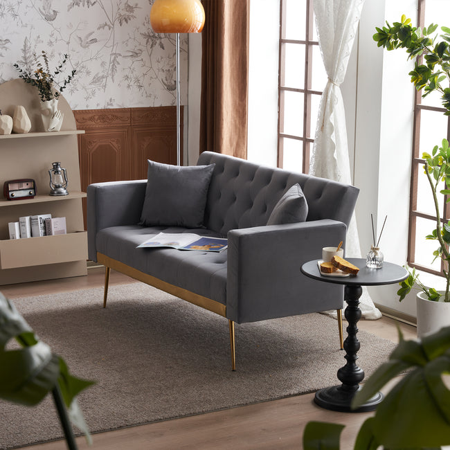Grey sofa that converts into a bed - Wooden frame, metal feet, removable armrests, with 2 small pillows, 146x71x75 cm_0