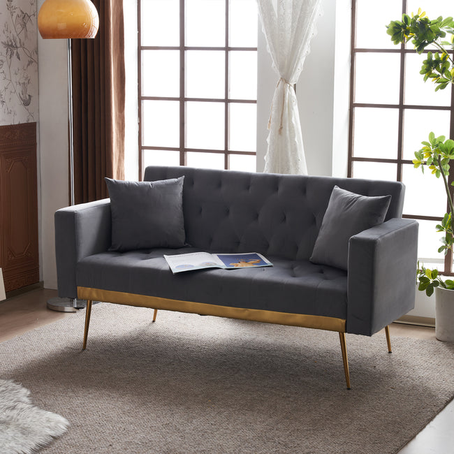 Grey sofa that converts into a bed - Wooden frame, metal feet, removable armrests, with 2 small pillows, 146x71x75 cm_10