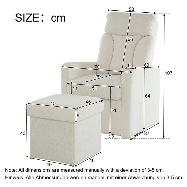 White Swivel Chair with Footrest, Storage Pocket, Teddy Material, D28 Foam Padding, Wooden Frame, Metal Base, Detachable Backrest and Armrests, Self-Assembly, Hidden Storage in Footrest_6