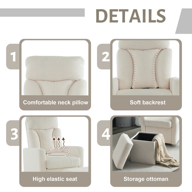 White Swivel Chair with Footrest, Storage Pocket, Teddy Material, D28 Foam Padding, Wooden Frame, Metal Base, Detachable Backrest and Armrests, Self-Assembly, Hidden Storage in Footrest_5