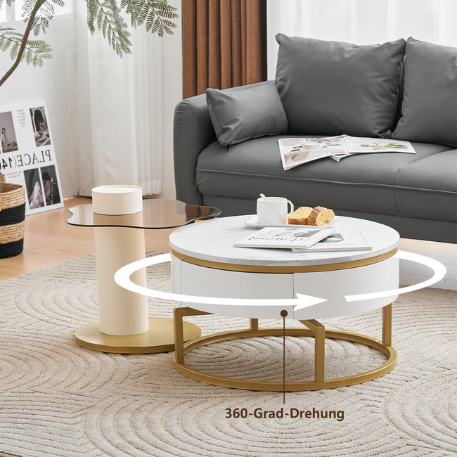 Two-piece nesting coffee table in white - Versatile design with marble look and glass surface, 360° swivelling, high-gloss body_4