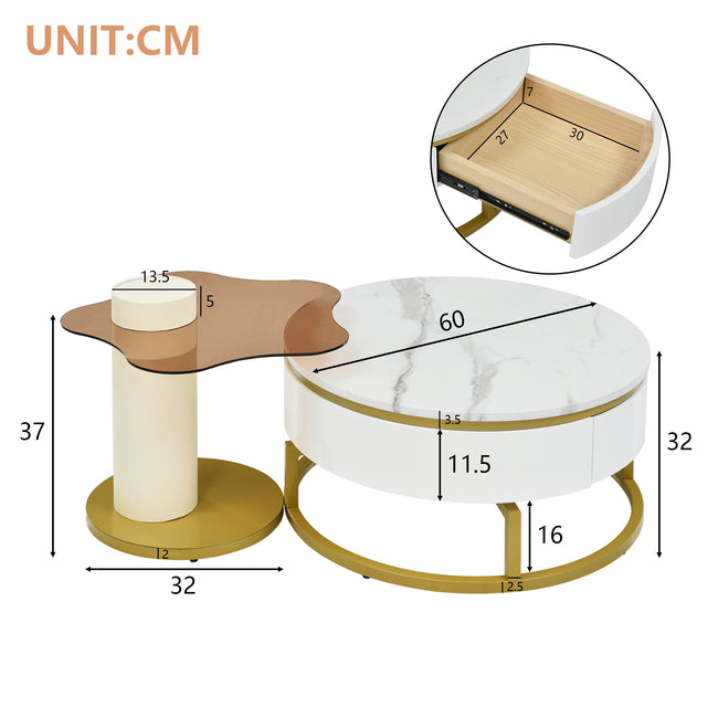 Two-piece nesting coffee table in white - Versatile design with marble look and glass surface, 360° swivelling, high-gloss body_11