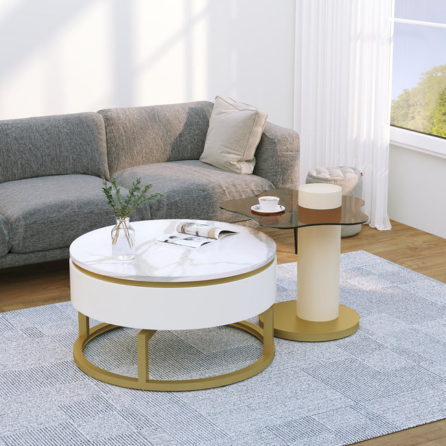 Two-piece nesting coffee table in white - Versatile design with marble look and glass surface, 360° swivelling, high-gloss body_1