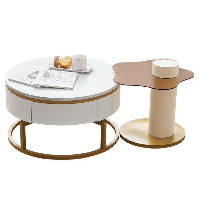 Two-piece nesting coffee table in white - Versatile design with marble look and glass surface, 360° swivelling, high-gloss body_16