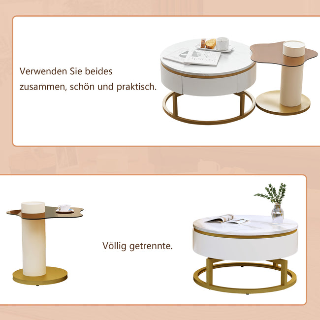 Two-piece nesting coffee table in white - Versatile design with marble look and glass surface, 360° swivelling, high-gloss body_7