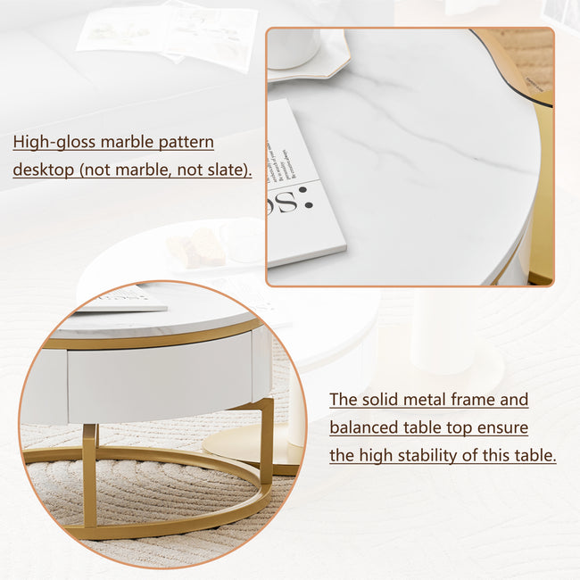 Two-piece nesting coffee table in white - Versatile design with marble look and glass surface, 360° swivelling, high-gloss body_2