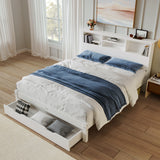 Wooden Storage Bed Bookcase Double Bed Frame with Shelves White Bed with Underbed Drawer - 4FT6 Double (135 x 190 cm) Frame Only_0