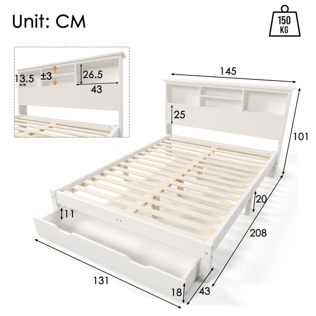 Wooden Storage Bed Bookcase Double Bed Frame with Shelves White Bed with Underbed Drawer - 4FT6 Double (135 x 190 cm) Frame Only_3