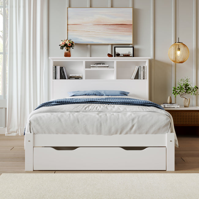 Wooden Storage Bed Bookcase Single Bed Frame with Shelves White Bed with Underbed Drawer - 3FT Single (90 x 190 cm) Frame Only_8