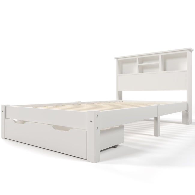 Wooden Storage Bed Bookcase Single Bed Frame with Shelves White Bed with Underbed Drawer - 3FT Single (90 x 190 cm) Frame Only_3