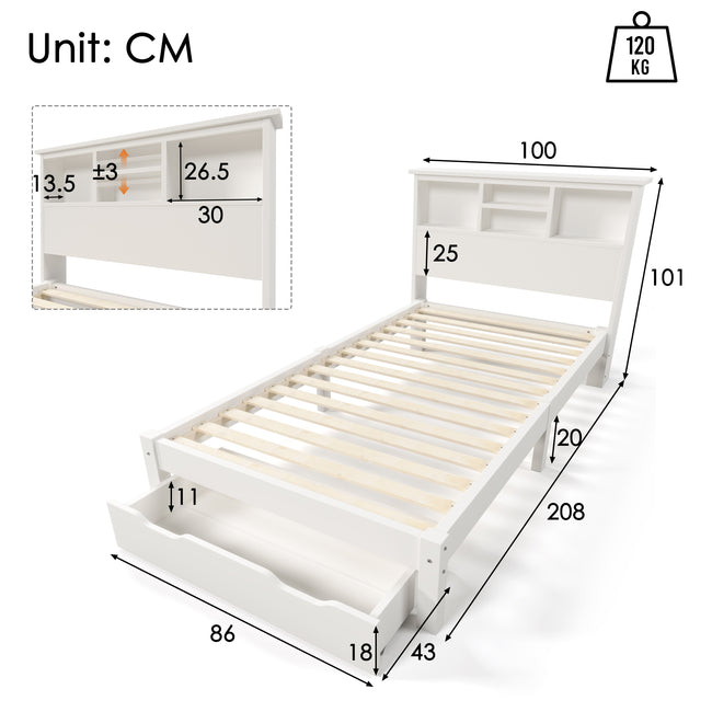 Wooden Storage Bed Bookcase Single Bed Frame with Shelves White Bed with Underbed Drawer - 3FT Single (90 x 190 cm) Frame Only_7