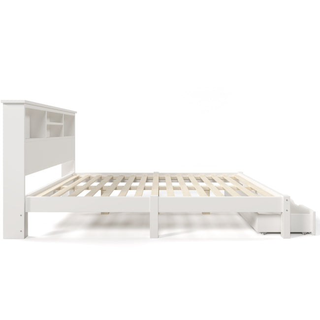 Wooden Storage Bed Bookcase Double Bed Frame with Shelves White Bed with Underbed Drawer - 4FT6 Double (135 x 190 cm) Frame Only_9