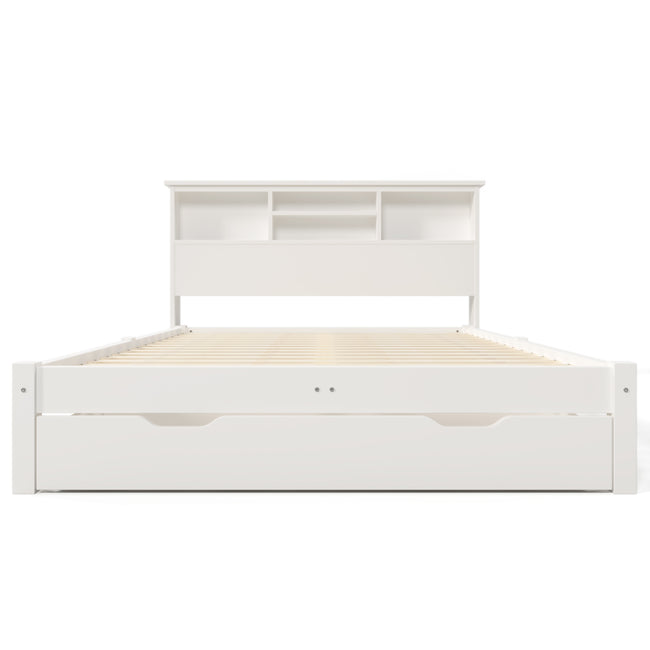 Wooden Storage Bed Bookcase Double Bed Frame with Shelves White Bed with Underbed Drawer - 4FT6 Double (135 x 190 cm) Frame Only_21
