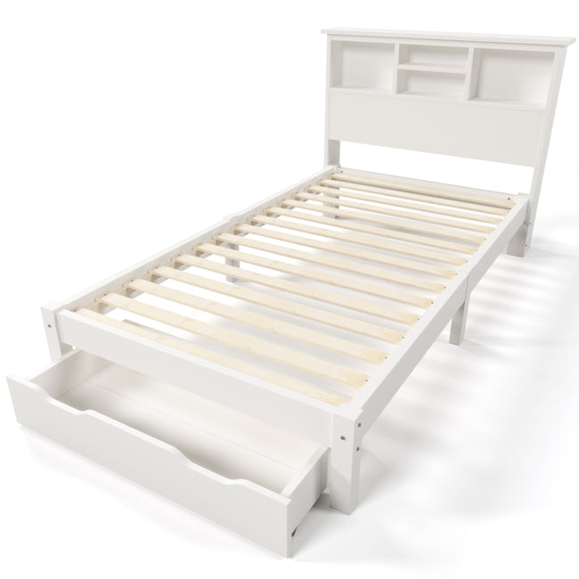 Wooden Storage Bed Bookcase Single Bed Frame with Shelves White Bed with Underbed Drawer - 3FT Single (90 x 190 cm) Frame Only_23