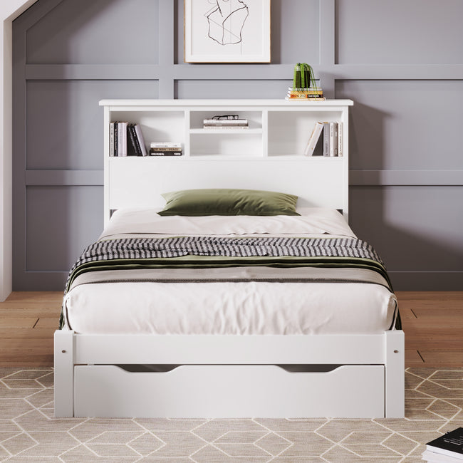 Wooden Storage Bed Bookcase Single Bed Frame with Shelves White Bed with Underbed Drawer - 3FT Single (90 x 190 cm) Frame Only_11