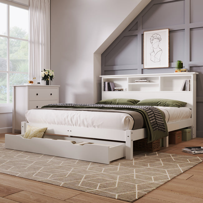 Wooden Storage Bed Bookcase Double Bed Frame with Shelves White Bed with Underbed Drawer - 4FT6 Double (135 x 190 cm) Frame Only_17