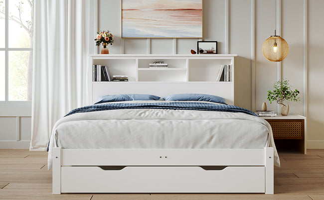 Wooden Storage Bed Bookcase Double Bed Frame with Shelves White Bed with Underbed Drawer - 4FT6 Double (135 x 190 cm) Frame Only_15