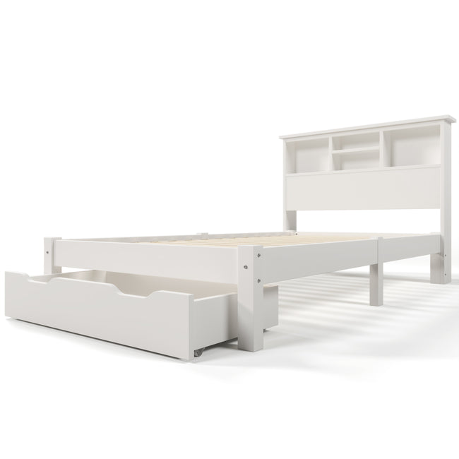 Wooden Storage Bed Bookcase Single Bed Frame with Shelves White Bed with Underbed Drawer - 3FT Single (90 x 190 cm) Frame Only_13