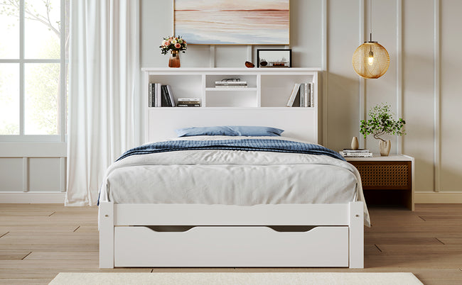 Wooden Storage Bed Bookcase Single Bed Frame with Shelves White Bed with Underbed Drawer - 3FT Single (90 x 190 cm) Frame Only_17