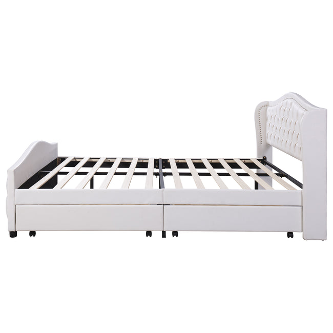 Upholstered bed 135 x 190cm - bed with slatted frame, 2 drawers and headboard with pull point rivets - wood & faux leather - white - youth bed guest bed_9
