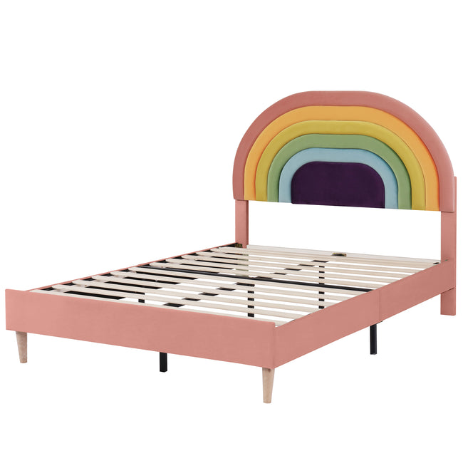 Upholstered bed 135*190, with slatted frame and headboard, youth bed, for adults & teenagers, wooden slat support, easy assembly, height-adjustable headboard, velvet, pink_9