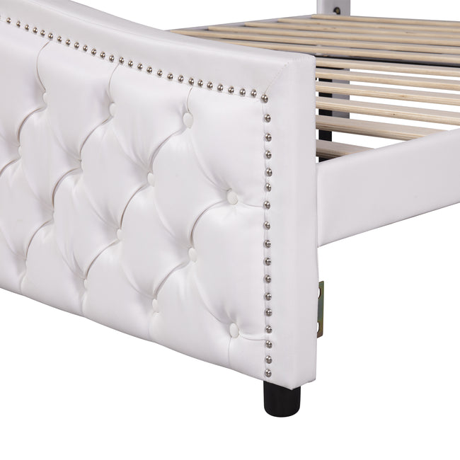 Upholstered bed 135 x 190cm - bed with slatted frame, 2 drawers and headboard with pull point rivets - wood & faux leather - white - youth bed guest bed_12