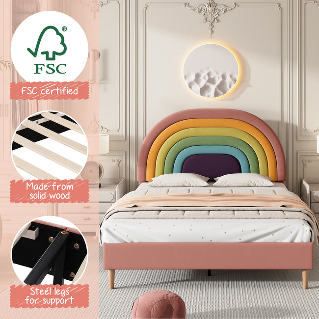 Upholstered bed 135*190, with slatted frame and headboard, youth bed, for adults & teenagers, wooden slat support, easy assembly, height-adjustable headboard, velvet, pink_5