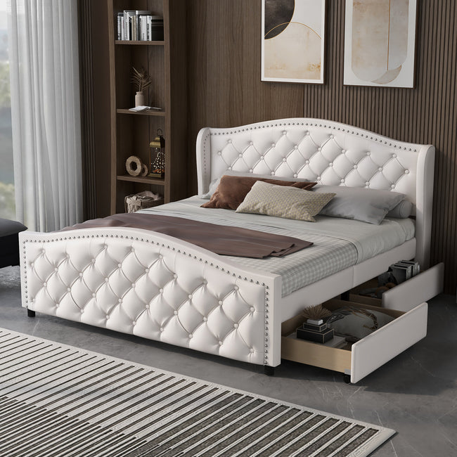 Upholstered bed 135 x 190cm - bed with slatted frame, 2 drawers and headboard with pull point rivets - wood & faux leather - white - youth bed guest bed_1