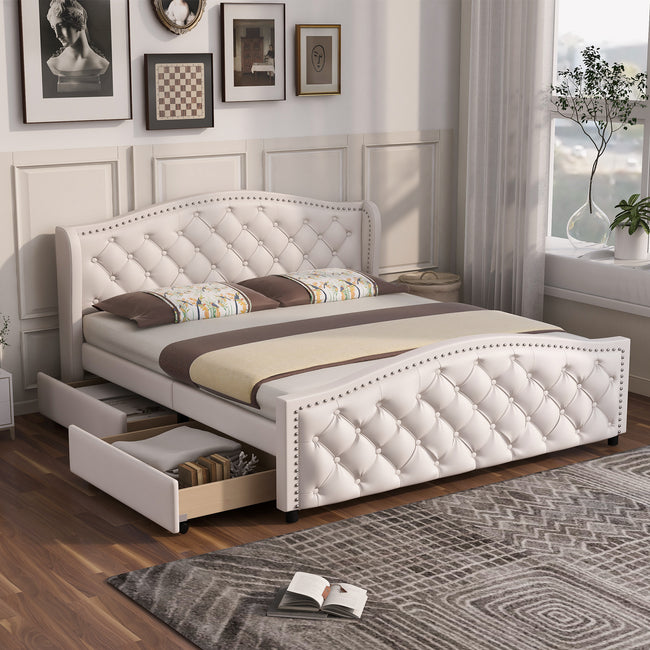 Upholstered bed 135 x 190cm - bed with slatted frame, 2 drawers and headboard with pull point rivets - wood & faux leather - white - youth bed guest bed_0