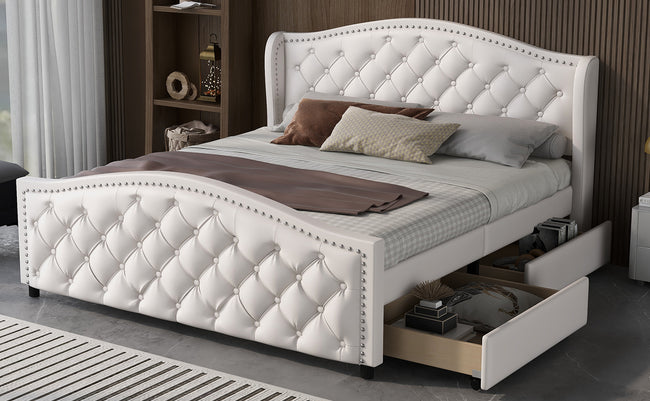 Upholstered bed 135 x 190cm - bed with slatted frame, 2 drawers and headboard with pull point rivets - wood & faux leather - white - youth bed guest bed_17