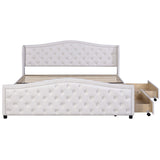 Upholstered bed 135 x 190cm - bed with slatted frame, 2 drawers and headboard with pull point rivets - wood & faux leather - white - youth bed guest bed_6