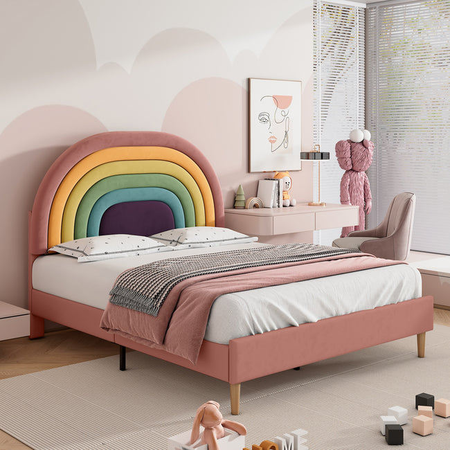 Upholstered bed 135*190, with slatted frame and headboard, youth bed, for adults & teenagers, wooden slat support, easy assembly, height-adjustable headboard, velvet, pink_2