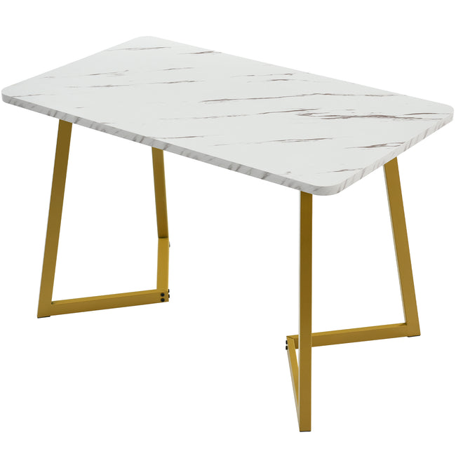 117x68cm dining table,(1-St), metal frame,Modern Marble Rectangular Dining Table with Metal Legs for Dining Room Living Room, White, Golden/White_4