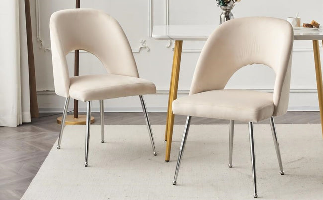 Set of 4 Modern Velvet Dining Chair, Thick Upholstered Kitchen Tub Chair with Loop Backrest and Metal Legs, Living Room Reception Leisure Chairs, for Bedroom/Lounge/Office/Kitchen (Beige)_10
