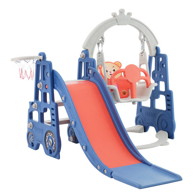 4 in 1 Children's slide and swing toys, children's slide, climbing, swing, basketball hoop. Freestanding slide for boys and girls, high quality, made of polyethylene. With cute cartoon image._9