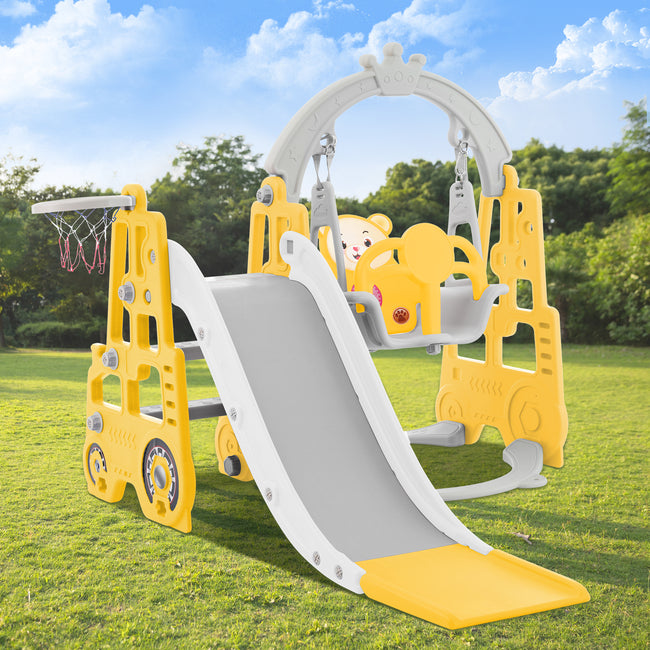 4 in 1 Children's slide and swing toys, children's slide, climbing, swing, basketball hoop. Freestanding slide for boys and girls, high quality, made of polyethylene. With cute cartoon image._2