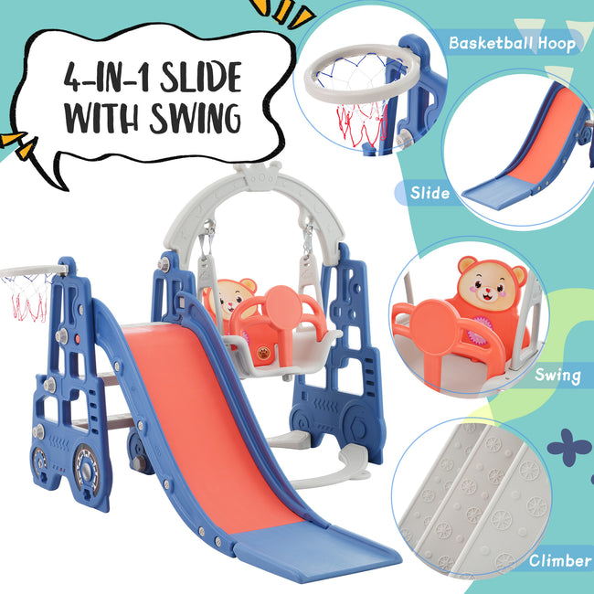 4 in 1 Children's slide and swing toys, children's slide, climbing, swing, basketball hoop. Freestanding slide for boys and girls, high quality, made of polyethylene. With cute cartoon image._3