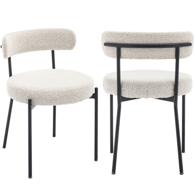 Modern Boucle Dining Chair Set of 2, Mid-Century Modern Accent Chair, Curved Backrest Round Upholstered Boucle Dining Chair with Black Metal Legs, for Kitchen/Bedroom/Living Room/Study/Cafe (_0