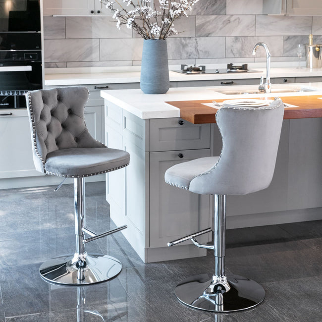 Set of 2 Swivel Velvet Bar Stools,Modern Upholstered Chrome Base Bar Chair with Comfortable Tufted Back for Dining Room Pub Kitchen Island,Adjustable Seat Height from 63-85cm,Steel Footrest&B_8