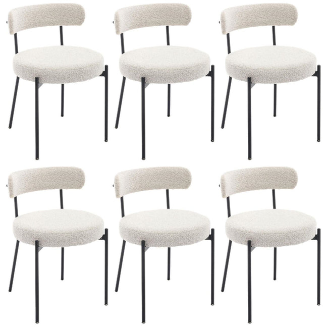 Set of 6 Modern Boucle Dining Chairs, Mid-Century Modern Accent Chair, Curved Backrest Round Upholstered Boucle Dining Chair with Black Metal Legs, for Kitchen/Bedroom/Living Room/Study/Cafe _0