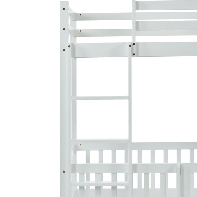 3FT Bunk Bed, Bed with Fences and Door, Children's Bed with Fall Protection and Railings, Solid Wood, White (190x90cm)_18