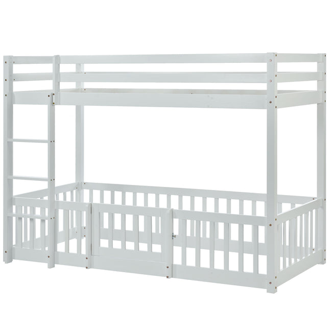 3FT Bunk Bed, Bed with Fences and Door, Children's Bed with Fall Protection and Railings, Solid Wood, White (190x90cm)_14