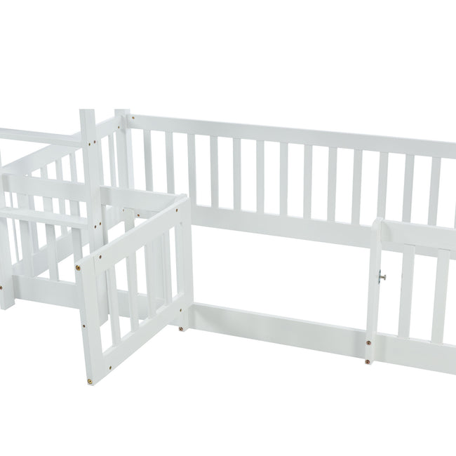 3FT Bunk Bed, Bed with Fences and Door, Children's Bed with Fall Protection and Railings, Solid Wood, White (190x90cm)_17