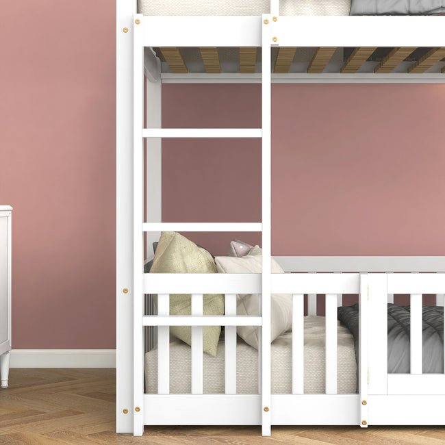 3FT Bunk Bed, Bed with Fences and Door, Children's Bed with Fall Protection and Railings, Solid Wood, White (190x90cm)_5