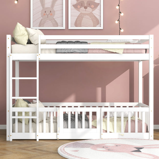 3FT Bunk Bed, Bed with Fences and Door, Children's Bed with Fall Protection and Railings, Solid Wood, White (190x90cm)_0