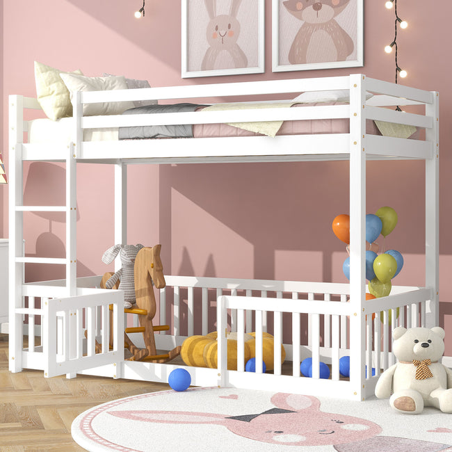 3FT Bunk Bed, Bed with Fences and Door, Children's Bed with Fall Protection and Railings, Solid Wood, White (190x90cm)_1