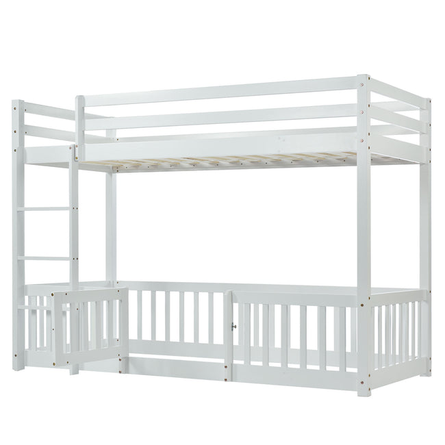 3FT Bunk Bed, Bed with Fences and Door, Children's Bed with Fall Protection and Railings, Solid Wood, White (190x90cm)_12